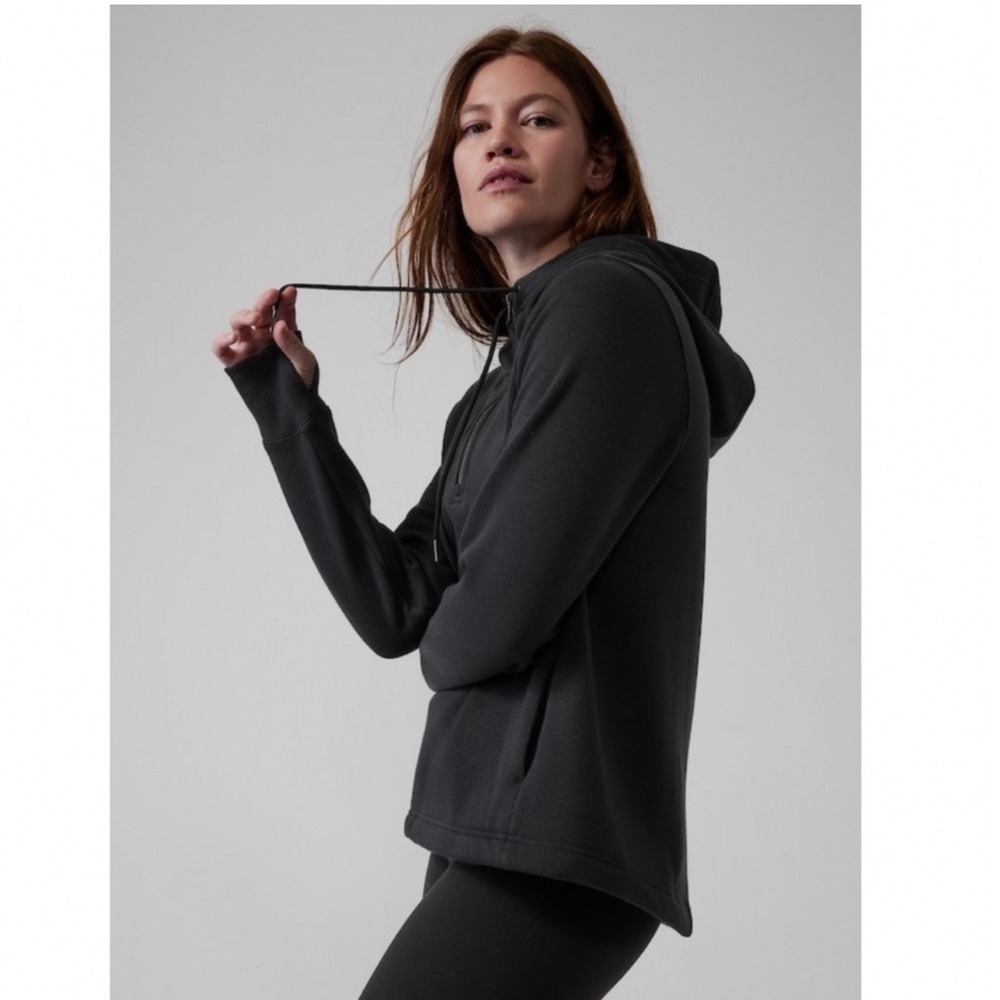 Athleta Womens Karma Black Half Zip Fleece Lined Hoodie Sweatshirt XS Thumbholes - Picture 2 of 11